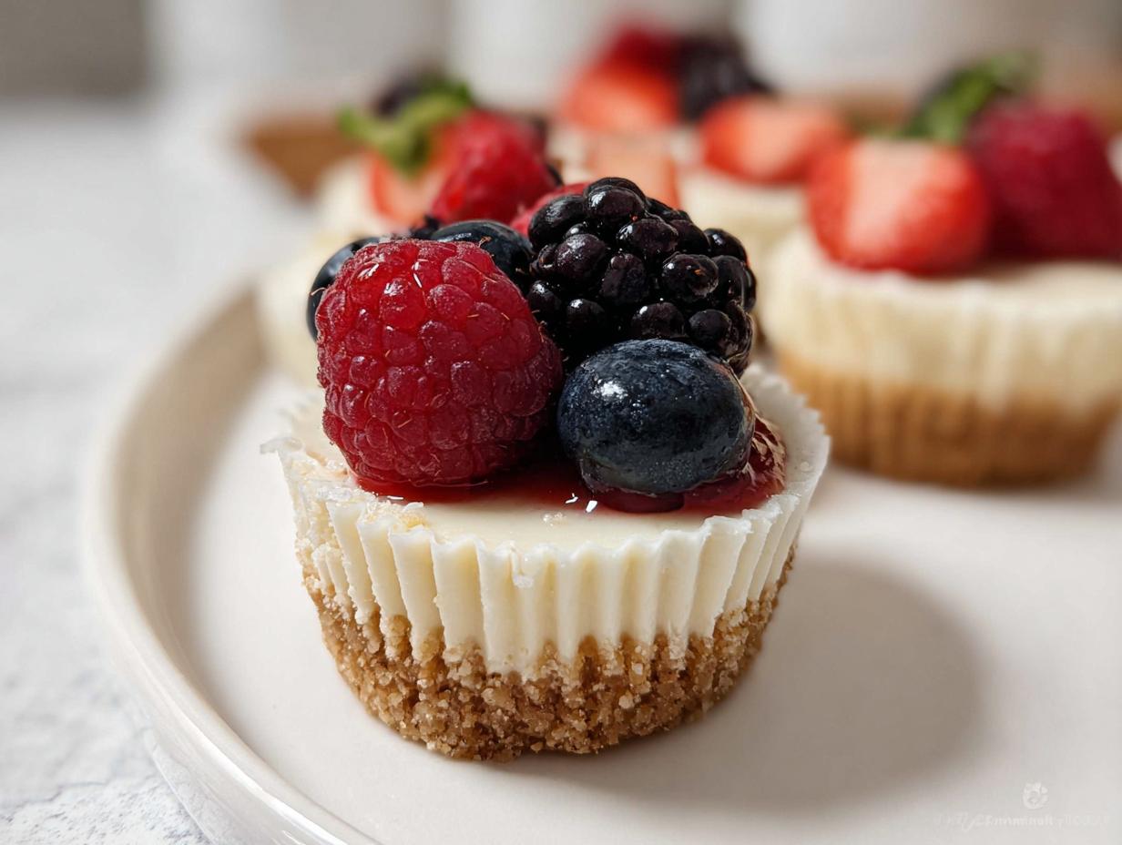 Close-up of a single serving Mini Cheesecake Bites with Berry Topping, featuring a raspberry, blueberry, and blackberry.