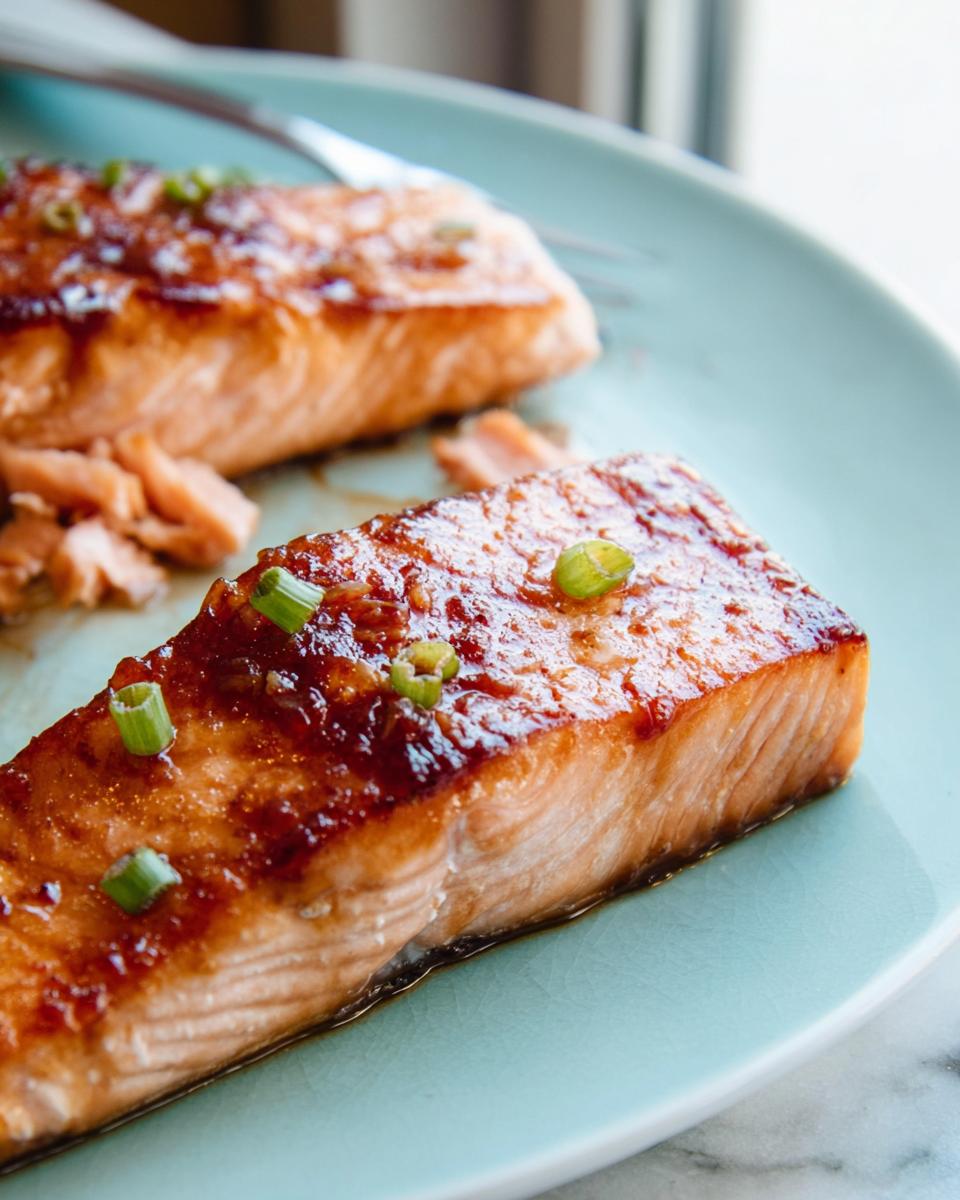 Close-up of a perfectly cooked Miso Glazed Broiled Salmon fillet garnished with chopped green onions.