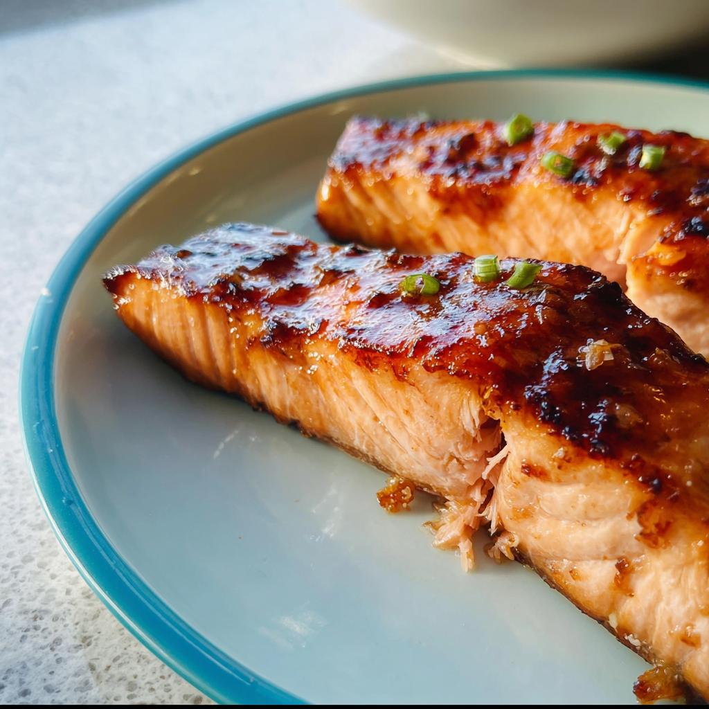 Two perfectly cooked fillets of Miso Glazed Broiled Salmon with a shiny, caramelized top, garnished with green onions.