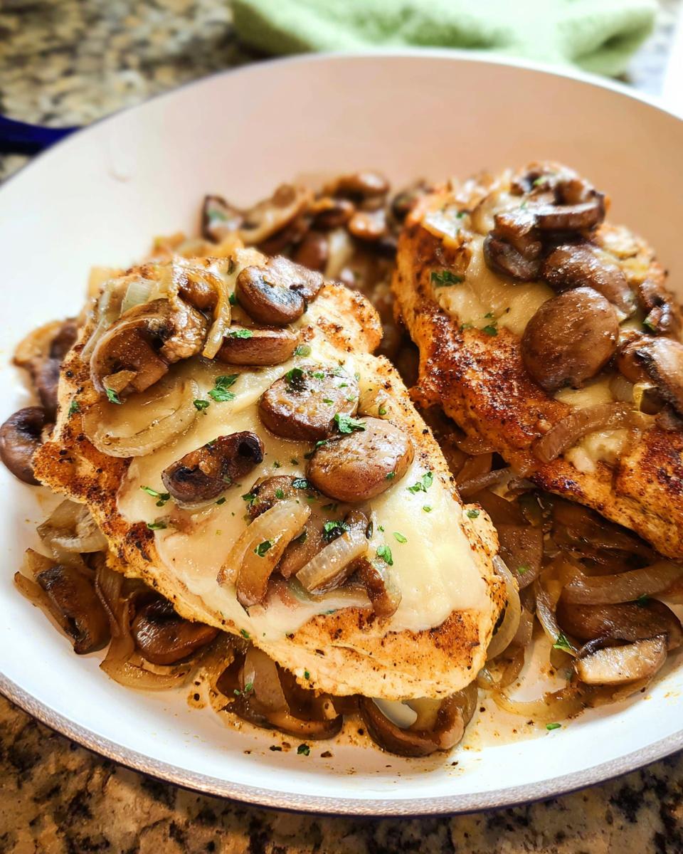Two seasoned chicken breasts topped with melted white cheese, sautéed mushrooms, and onions, served in a skillet.