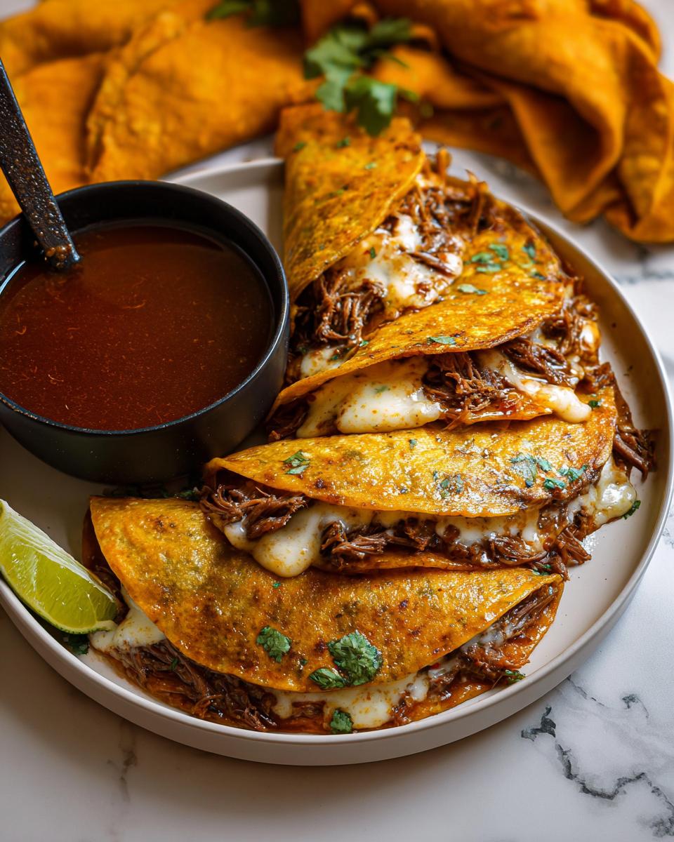 A plate of three cheesy My Fave Birria Tacos served with a side of dark consommé and a lime wedge.