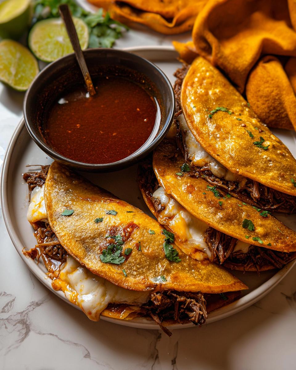 Three crispy, cheesy My Fave Birria Tacos served on a plate next to a bowl of rich, red consommé for dipping.