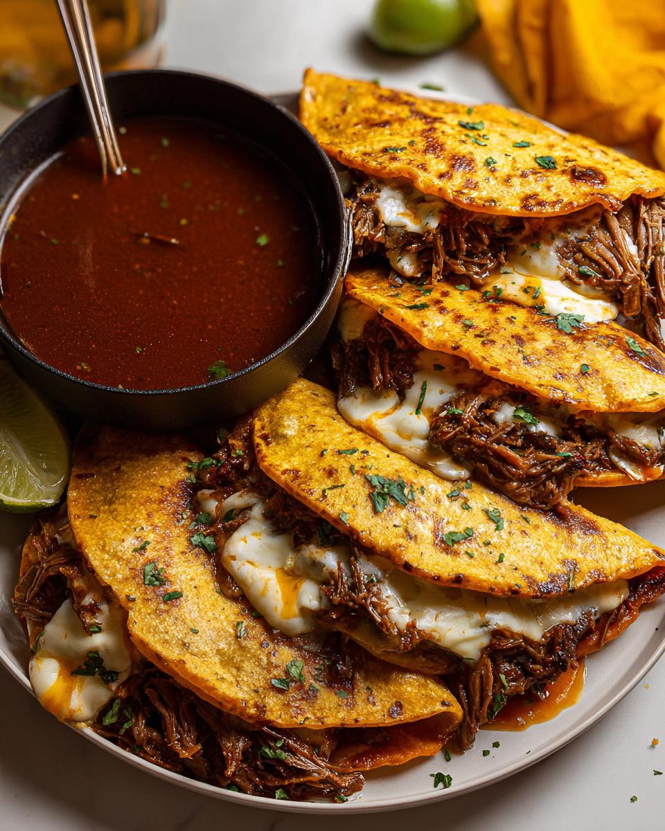 A plate of crispy, cheesy My Fave Birria Tacos served alongside a bowl of rich, dark red consommé for dipping.