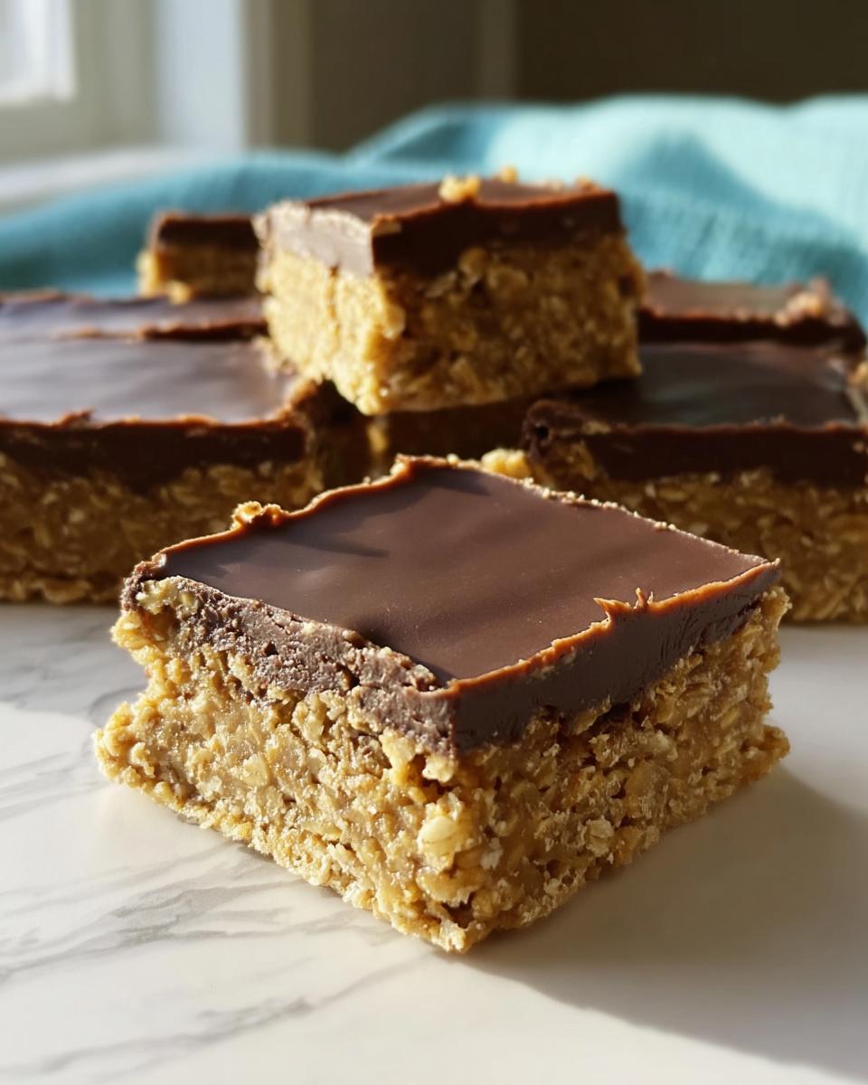 A square piece of No Bake Chocolate Peanut Butter Oat Bars, showing the thick oat base and smooth chocolate topping.