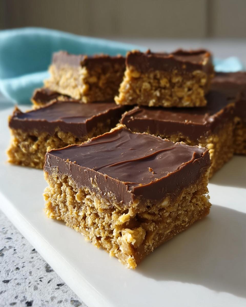 A stack of delicious No Bake Chocolate Peanut Butter Oat Bars featuring a thick oat base and a smooth chocolate topping.