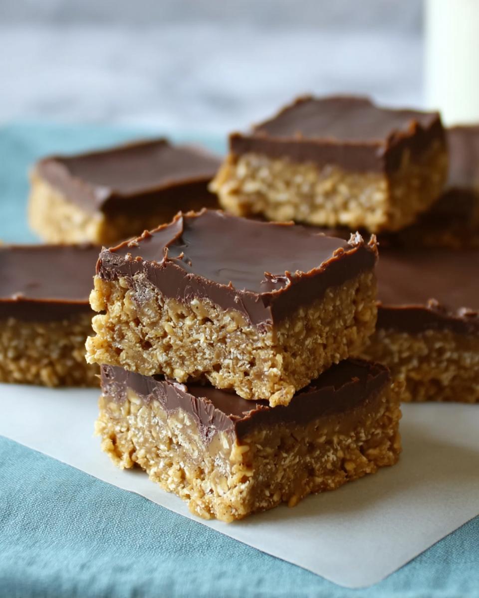 Two stacked squares of No Bake Chocolate Peanut Butter Oat Bars showing the thick oat base and glossy chocolate topping.