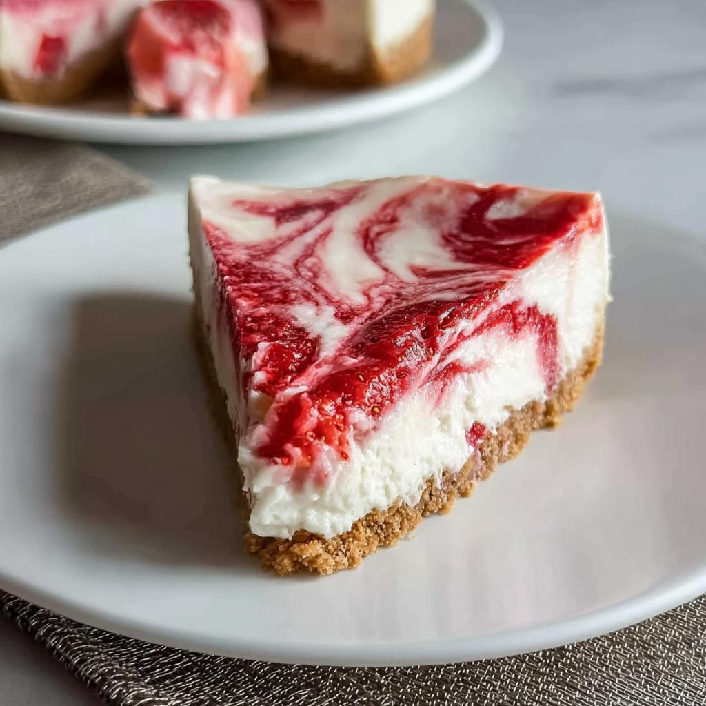 A close-up of a slice of No Bake Strawberry Swirl Cheesecake with a graham cracker crust on a white plate.