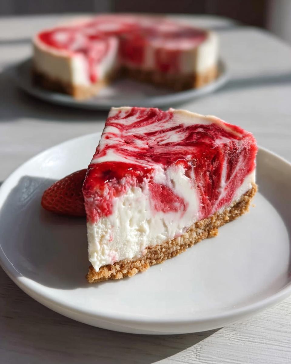 A close-up slice of No Bake Strawberry Swirl Cheesecake with a graham cracker crust, served on a white plate with a fresh strawberry.