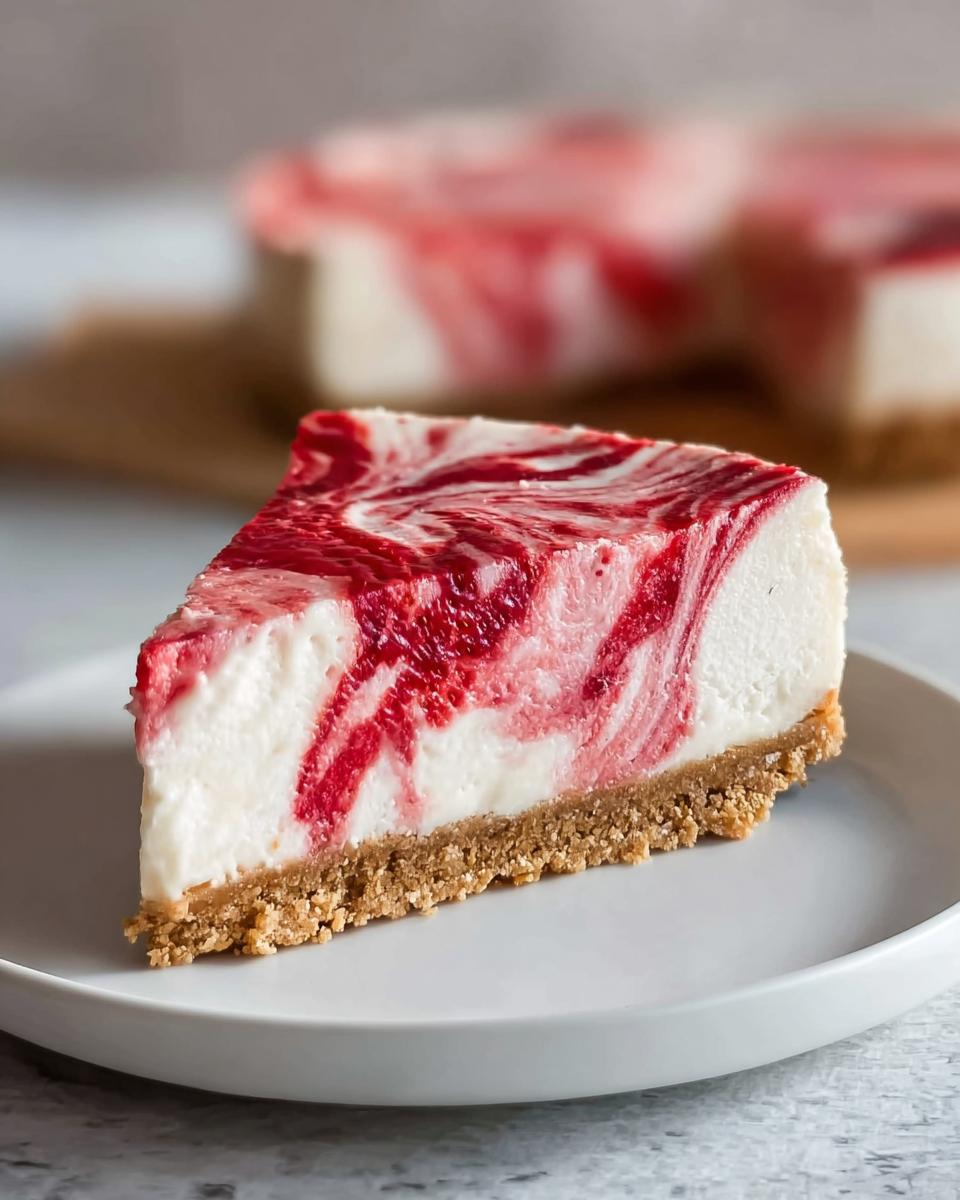 A perfect slice of No Bake Strawberry Swirl Cheesecake with a graham cracker crust, served on a white plate.