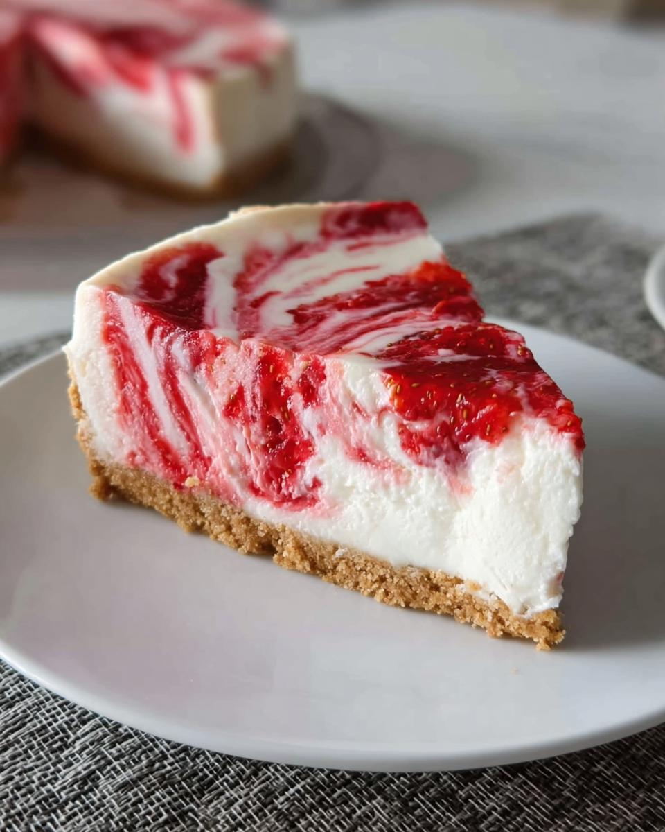 A close-up of a slice of No Bake Strawberry Swirl Cheesecake with a graham cracker crust.