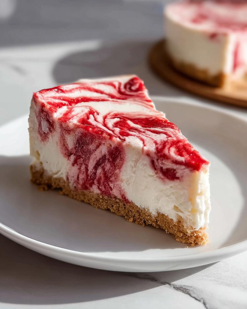 A perfect slice of No Bake Strawberry Swirl Cheesecake with a graham cracker crust on a white plate.