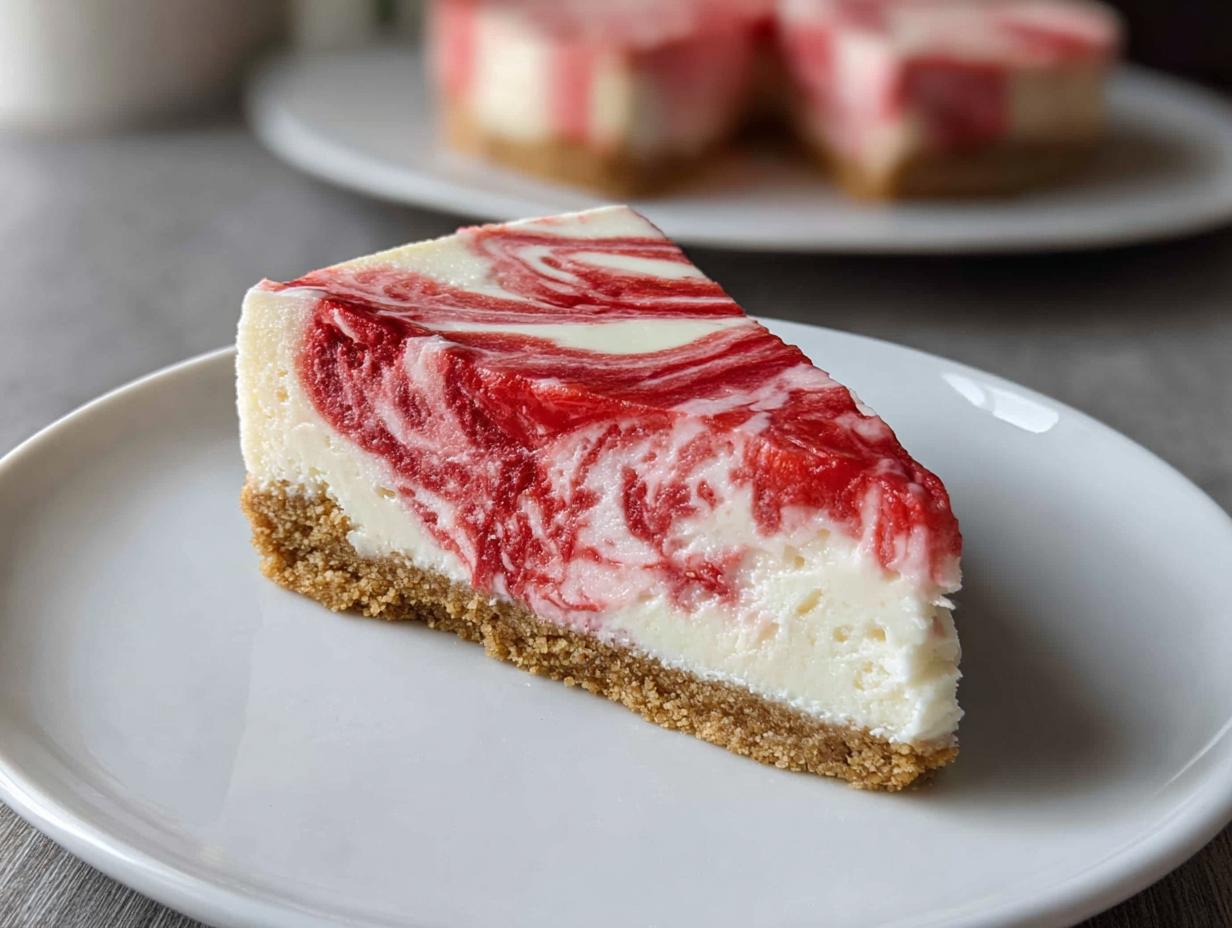 A close-up of a perfect slice of No Bake Strawberry Swirl Cheesecake featuring a graham cracker crust and vibrant red swirls.