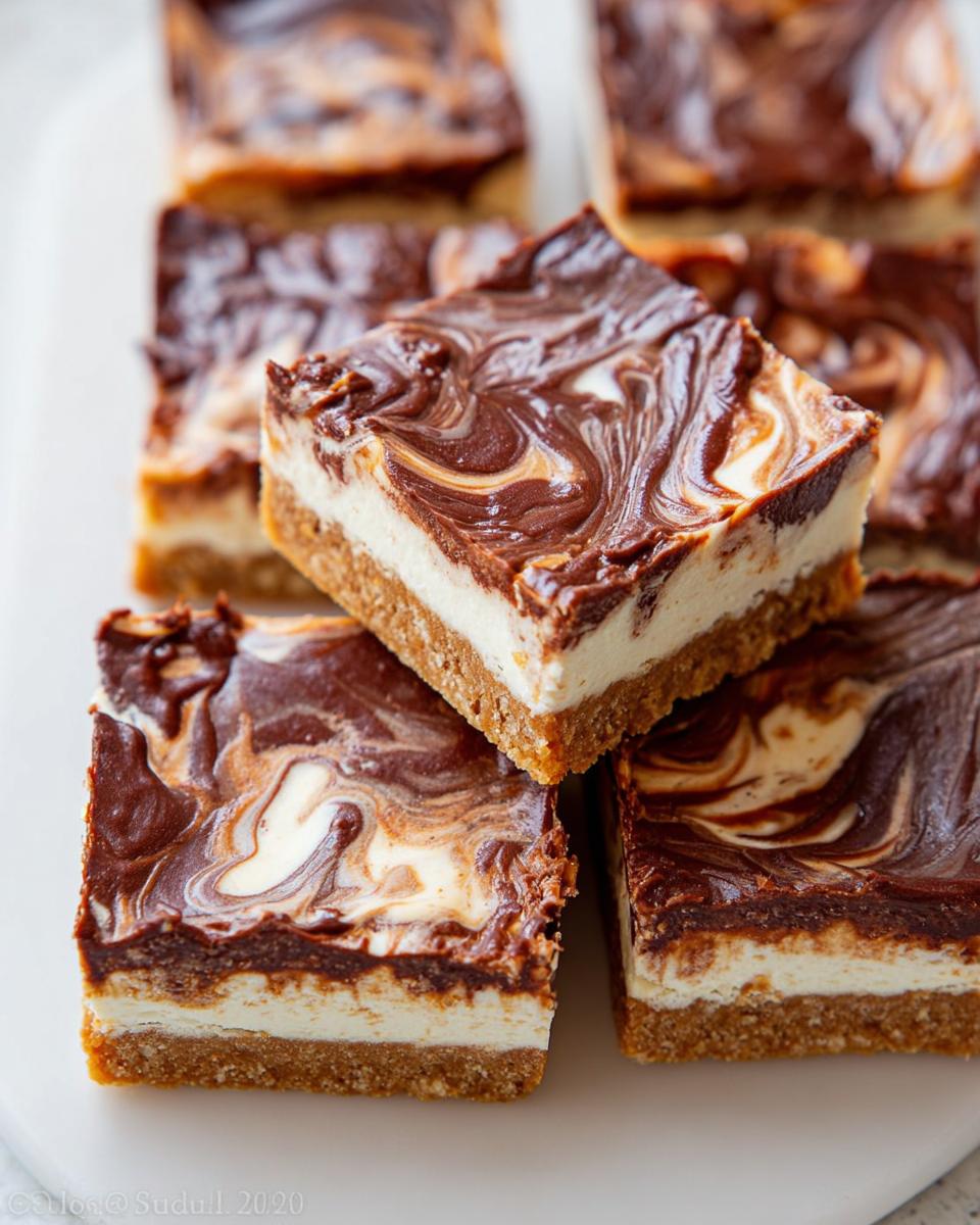 A stack of rich Nutella Swirl Cheesecake Bars showing the graham cracker crust, creamy white layer, and marbled chocolate topping.
