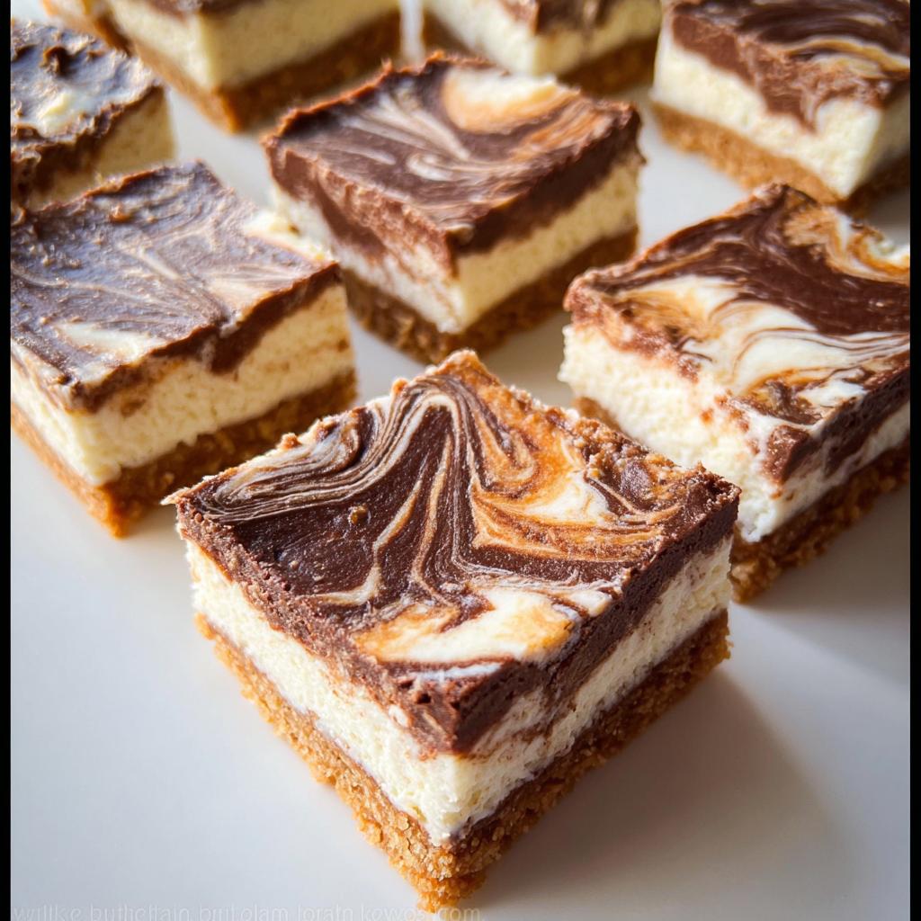 Several perfectly cut Nutella Swirl Cheesecake Bars showing a graham cracker crust, creamy white filling, and a rich chocolate swirl topping.