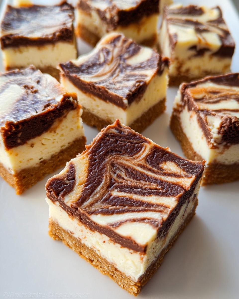 Several square portions of Nutella Swirl Cheesecake Bars showing a graham cracker crust, creamy filling, and marbled chocolate topping.
