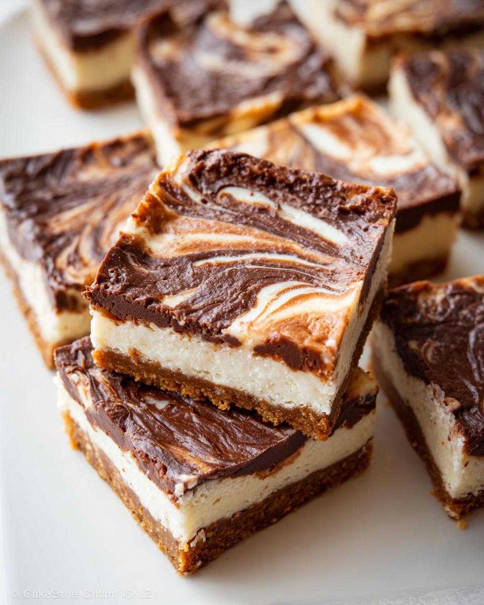 Close-up of stacked Nutella Swirl Cheesecake Bars showing a graham cracker crust, creamy white filling, and chocolate swirl topping.