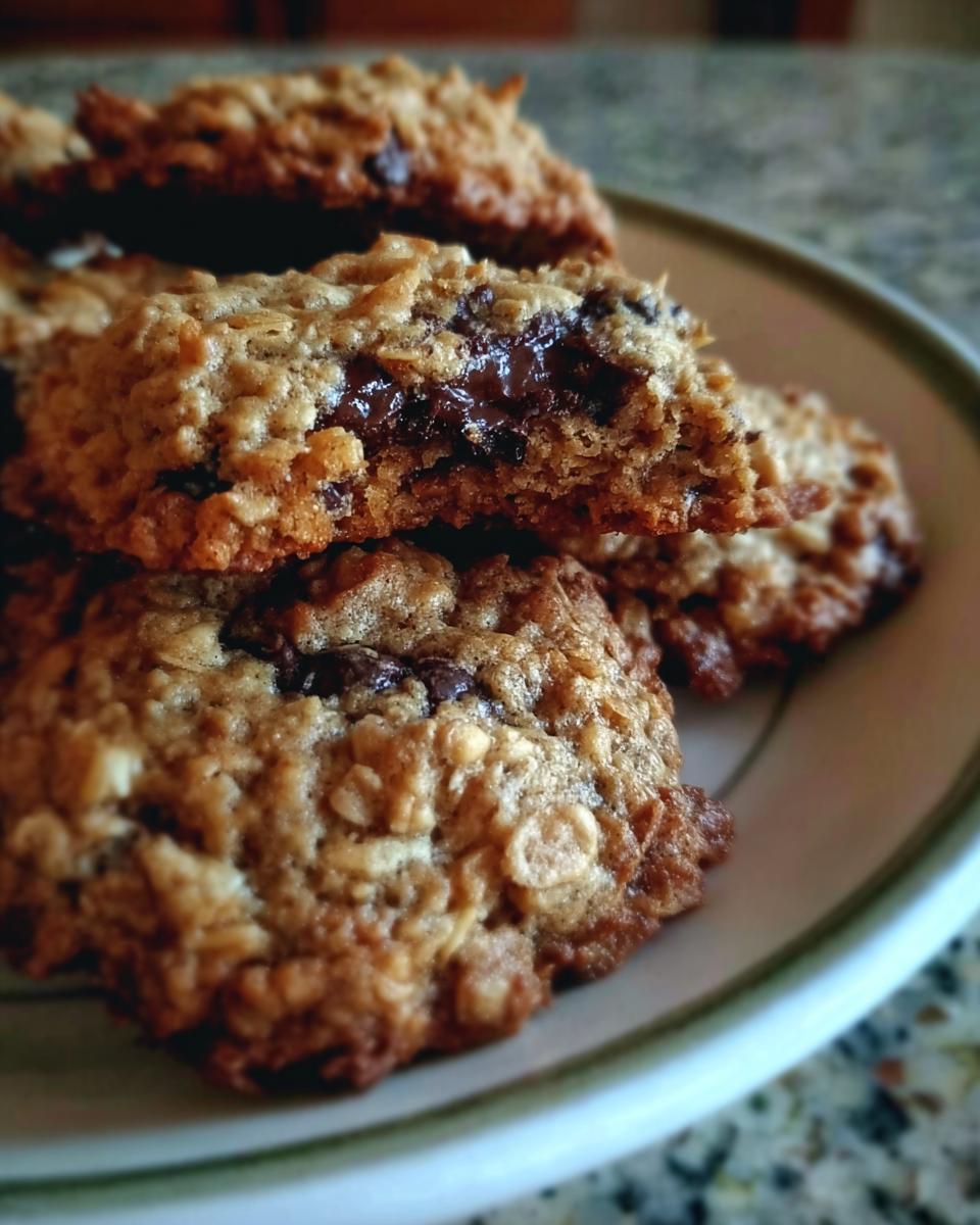Close-up of Oatmeal Chocolate Chip Coconut Cookies stacked on a plate, showing a gooey, melted chocolate center.