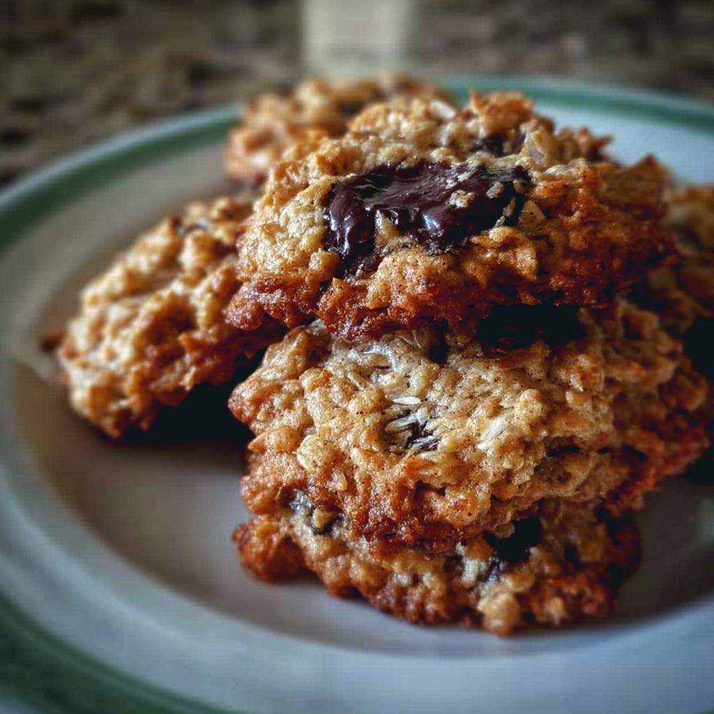 A stack of freshly baked Oatmeal Chocolate Chip Coconut Cookies with melted chocolate on top.