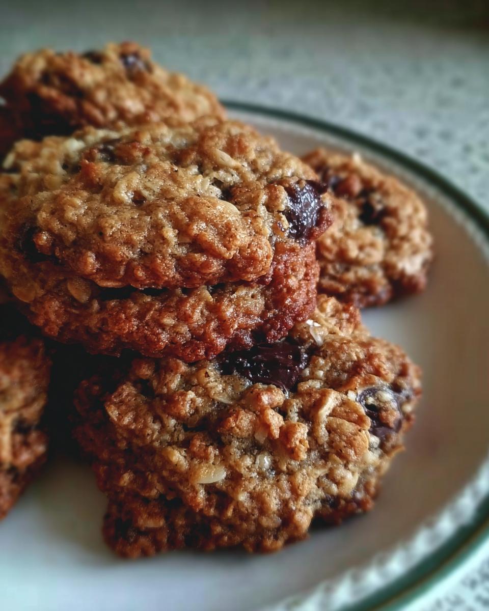 Close-up of freshly baked Oatmeal Chocolate Chip Coconut Cookies stacked on a white plate.