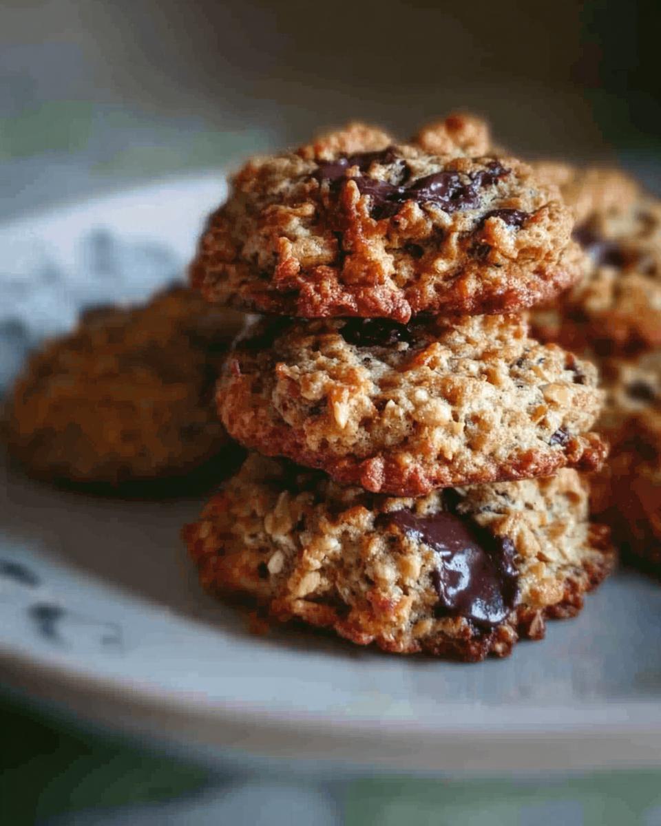 A stack of three freshly baked Oatmeal Chocolate Chip Coconut Cookies with melted chocolate visible.