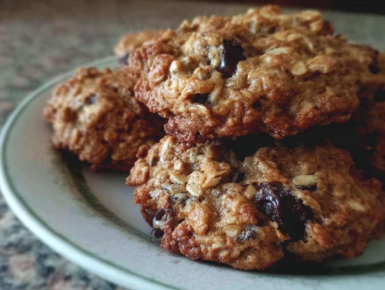 A close-up stack of golden brown Oatmeal Chocolate Chip Coconut Cookies on a light-colored plate.