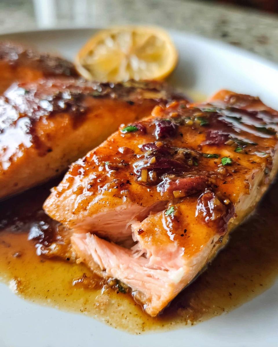 Close-up of a flaky, cooked salmon fillet covered in glistening honey garlic sauce, served with a lemon slice.