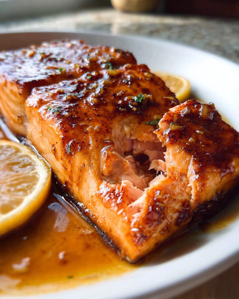 Close-up of flaky One Pan Honey Garlic Salmon glazed with a rich sauce and garnished with lemon slices.