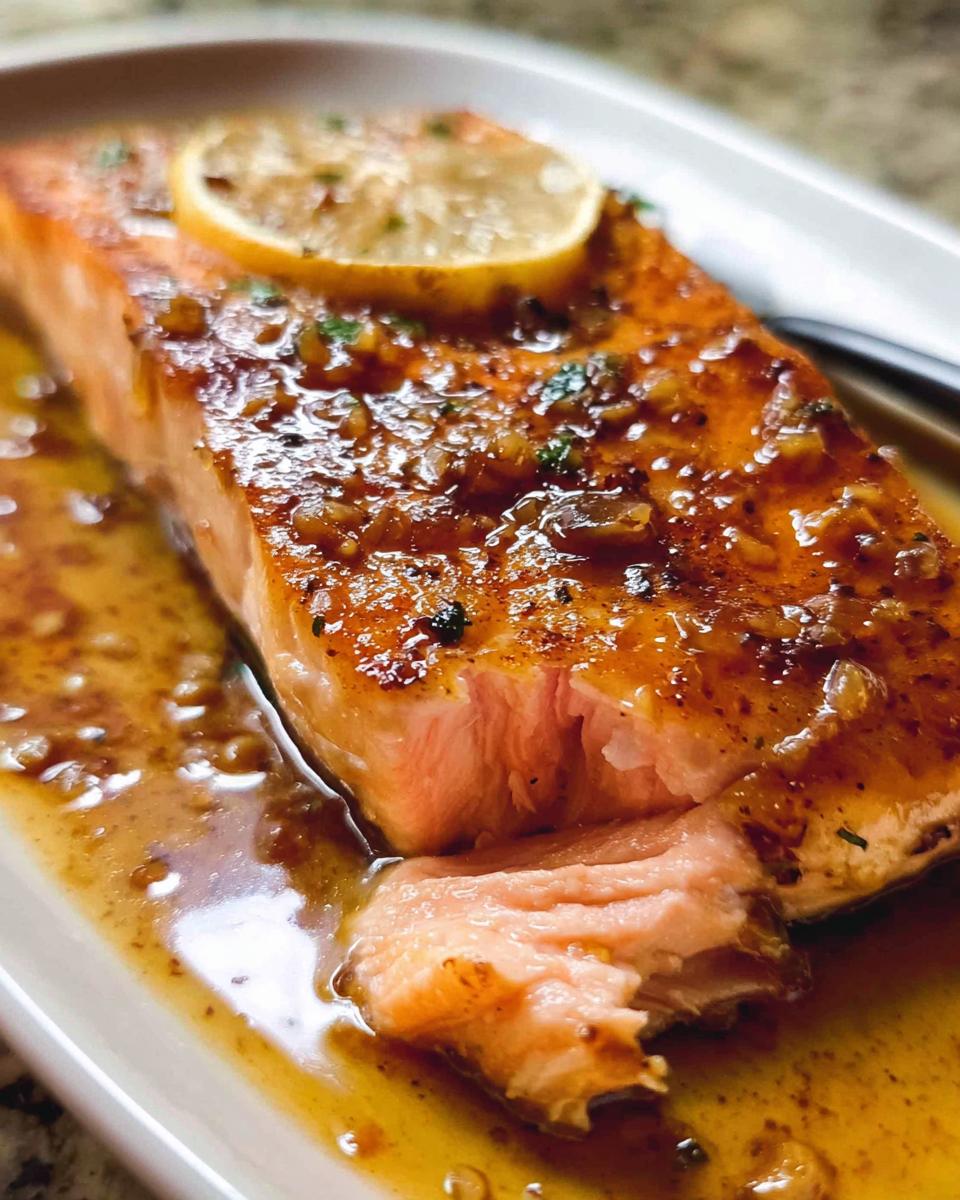 Flaky, cooked One Pan Honey Garlic Salmon topped with a glossy sauce and a lemon slice.