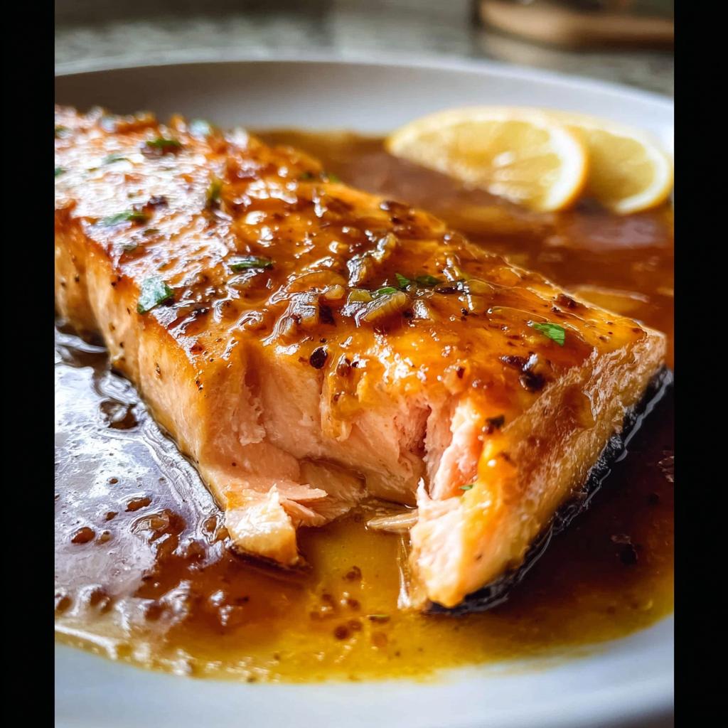 Close-up of a flaky, perfectly cooked piece of One Pan Honey Garlic Salmon covered in glaze.