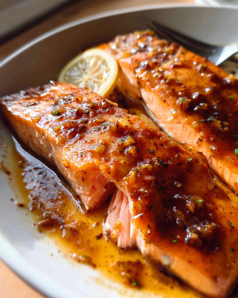 Two glistening fillets of One Pan Honey Garlic Salmon covered in a rich glaze, served with a lemon slice.