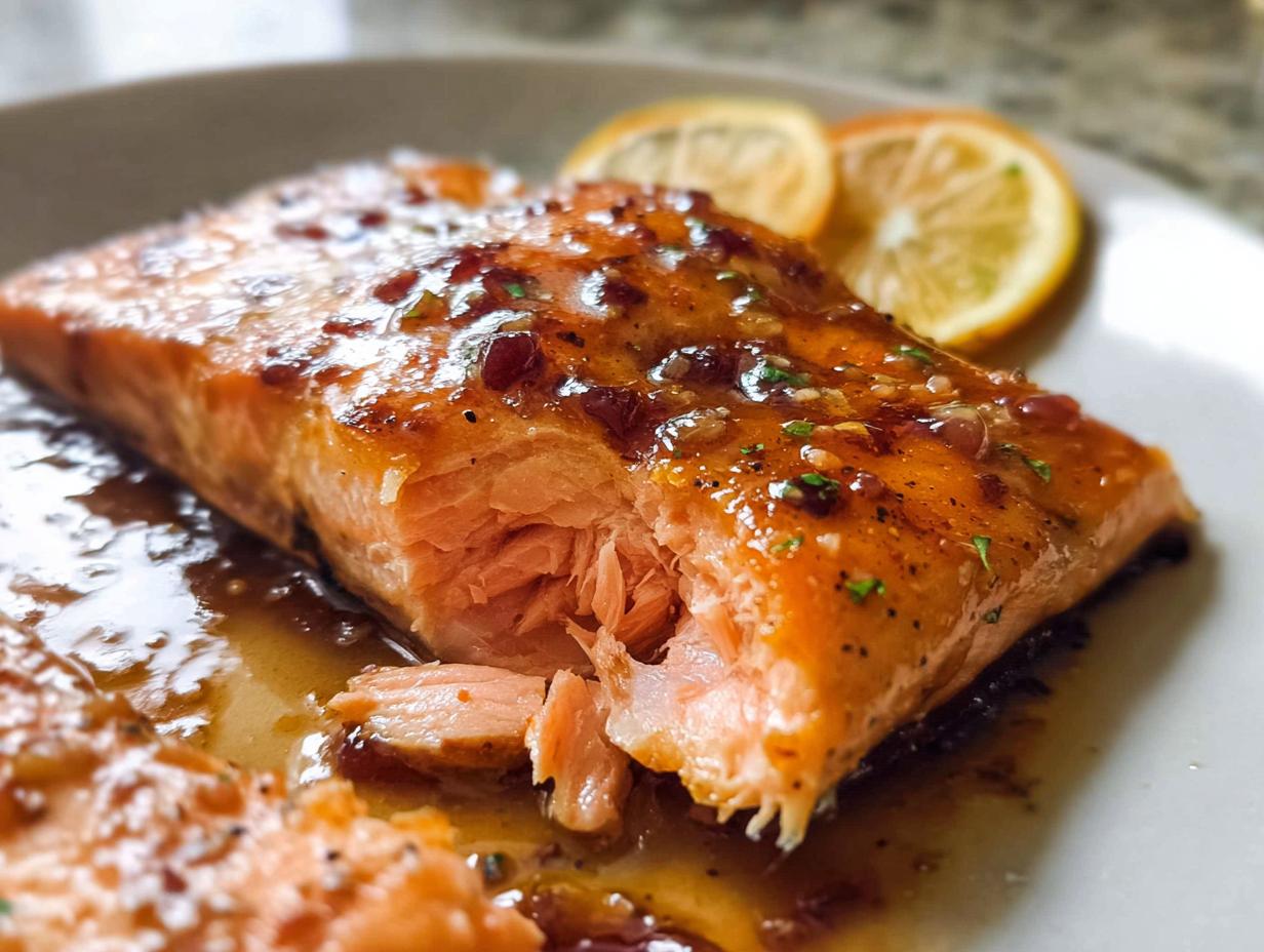 Close-up of perfectly cooked One Pan Honey Garlic Salmon fillet, flaky and covered in a shiny glaze.