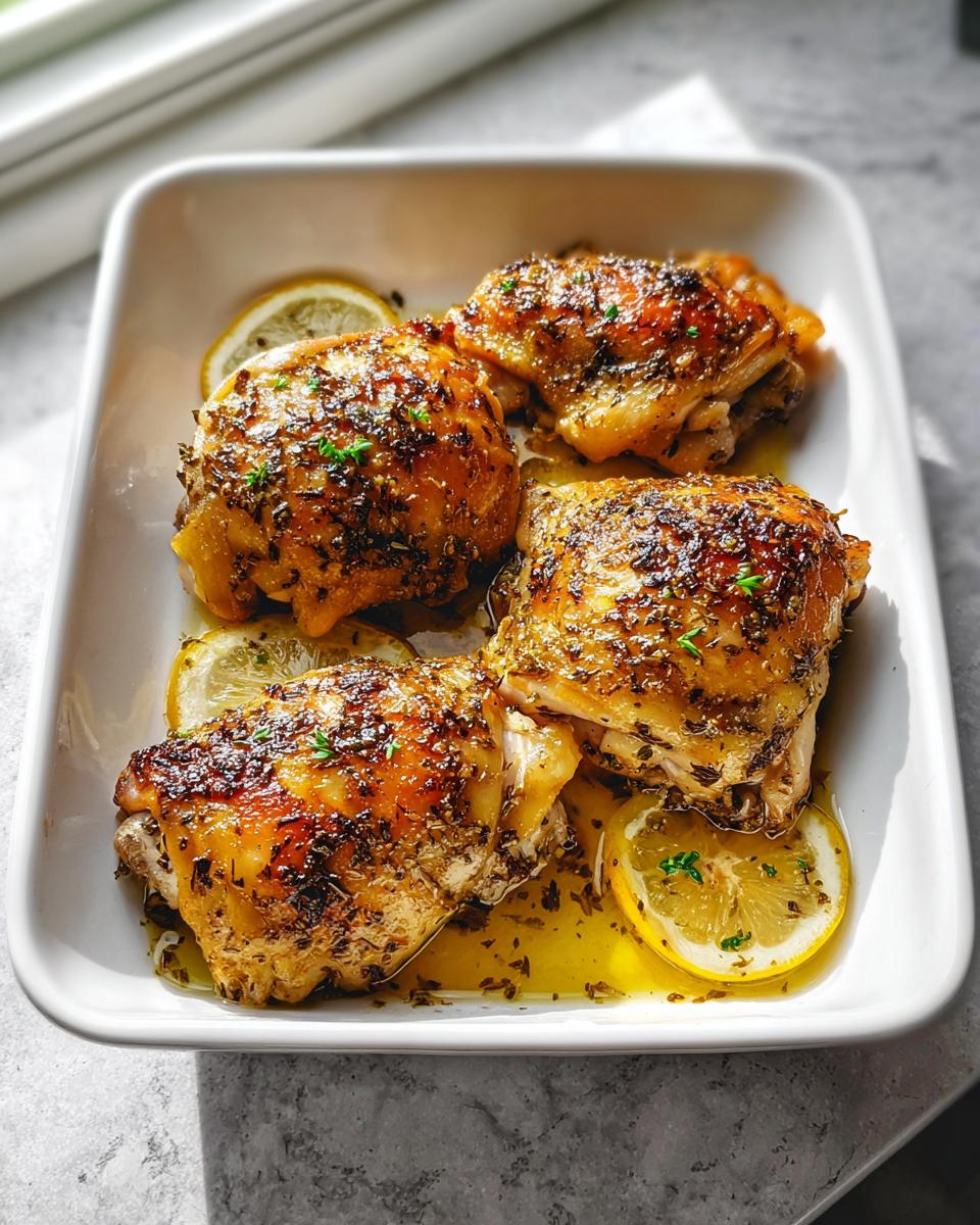 Four golden brown One-Pan Lemon Herb Chicken Thighs baked in a white dish with lemon slices.