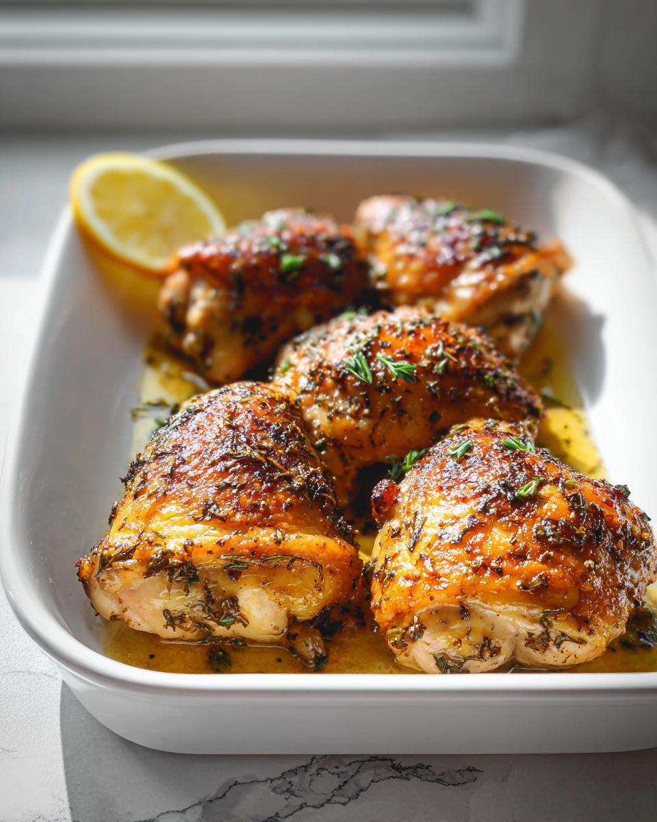 Four crispy, golden-brown One-Pan Lemon Herb Chicken Thighs seasoned with herbs in a white baking dish.