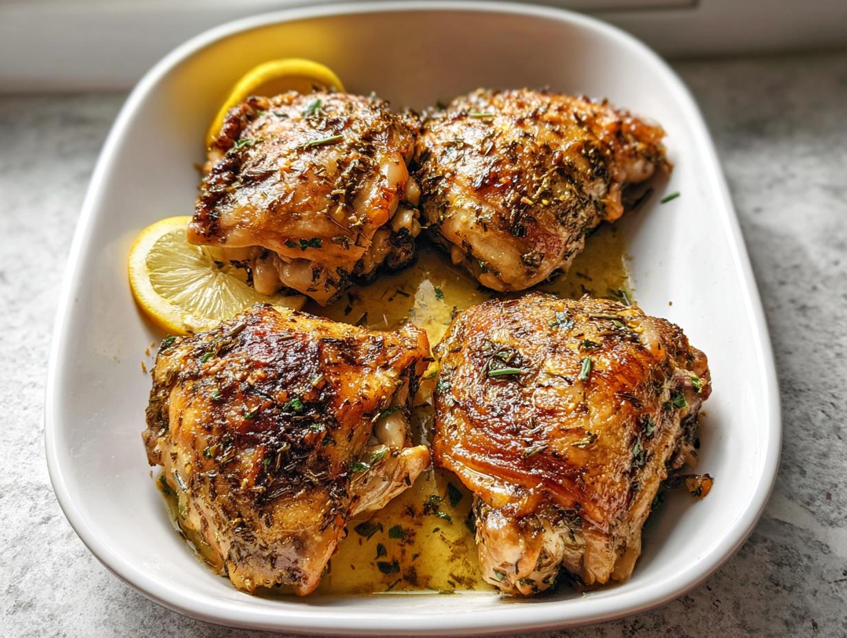 Four perfectly cooked One-Pan Lemon Herb Chicken Thighs with crispy skin served in a white dish with lemon slices.