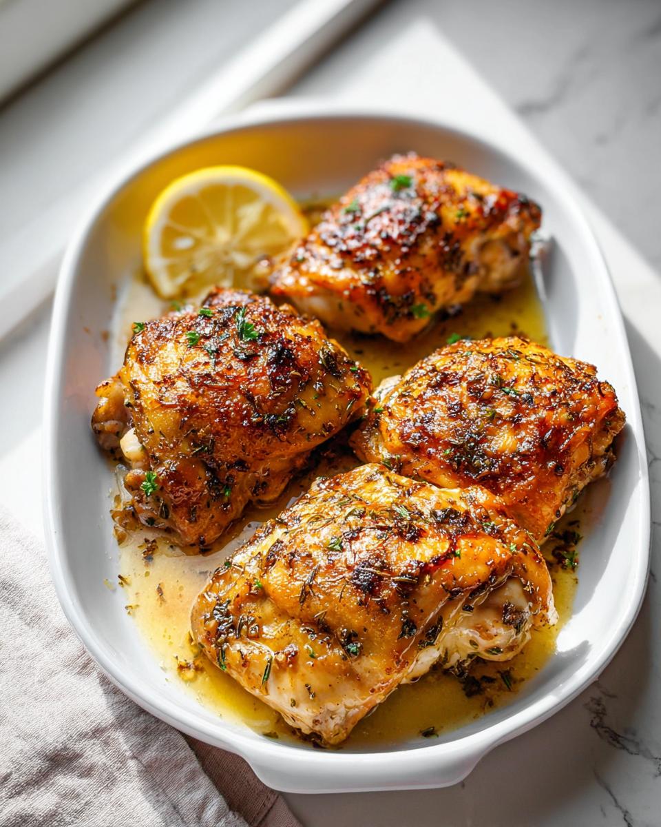 Four golden brown, juicy One-Pan Lemon Herb Chicken Thighs served in a white dish with pan juices.
