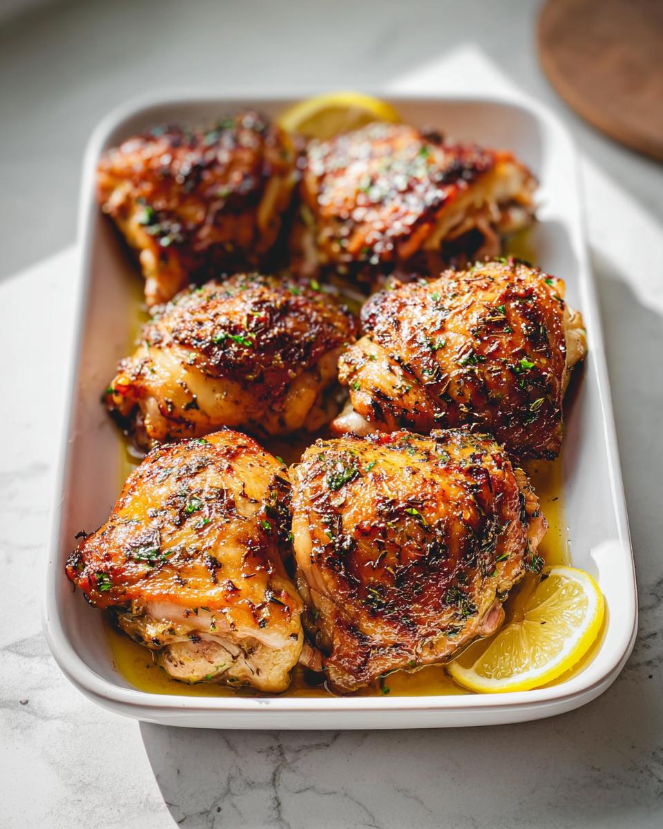 Six golden brown One-Pan Lemon Herb Chicken Thighs seasoned with herbs in a white baking dish.