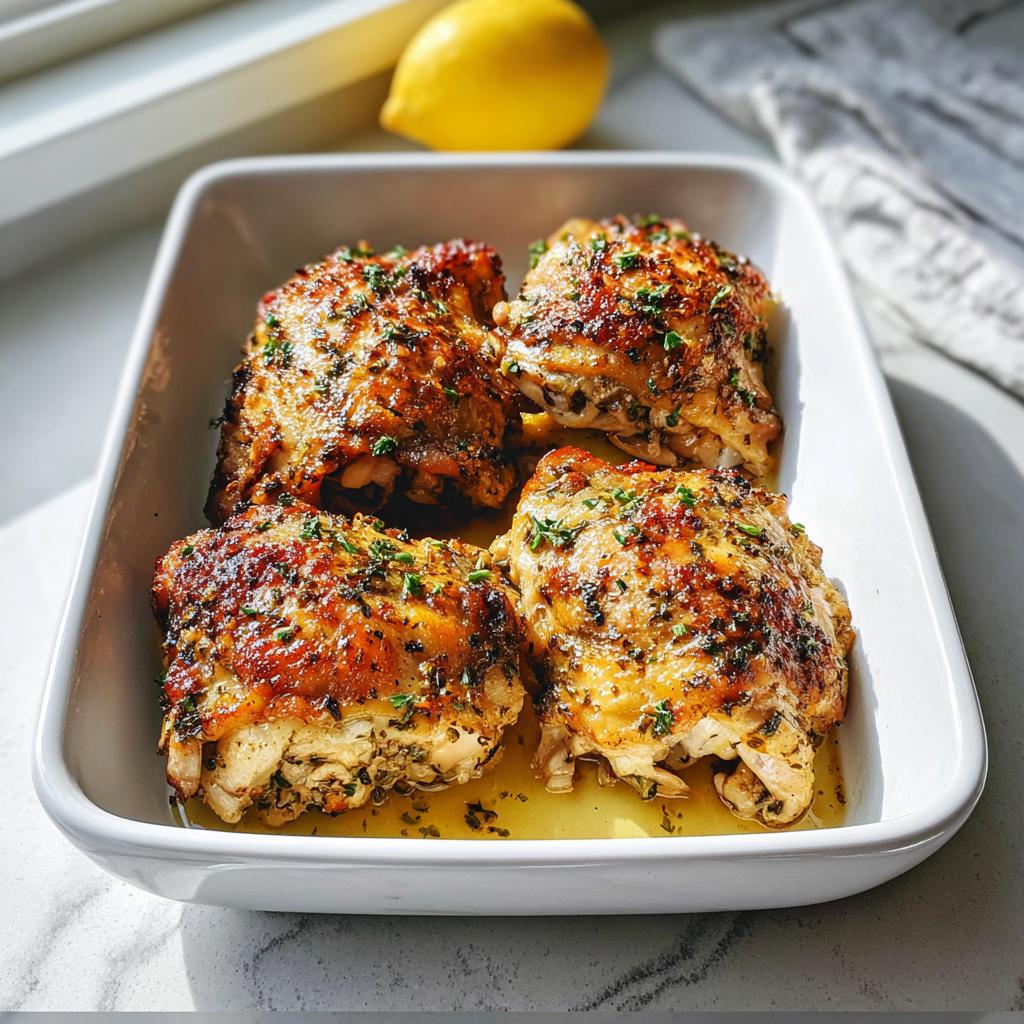 Four golden-brown, crispy One-Pan Lemon Herb Chicken Thighs in a white baking dish with pan juices.