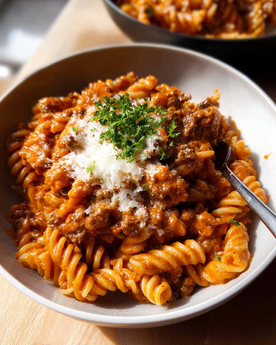 A close-up of fusilli pasta coated in a rich, creamy tomato sauce, topped with grated Parmesan and fresh parsley, ready to eat.