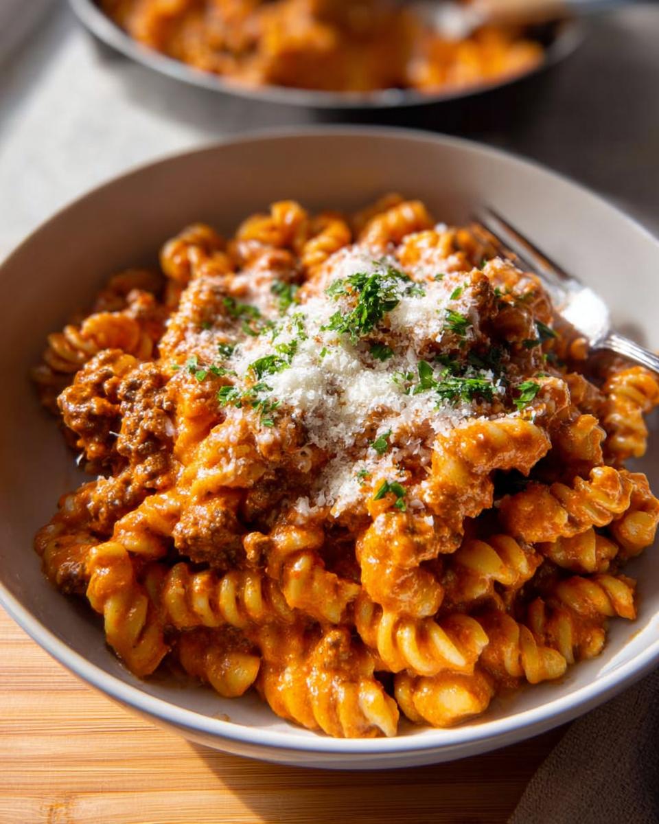 Close-up of One Pot Creamy Tomato Pasta featuring fusilli pasta, meat sauce, topped with grated Parmesan and parsley.