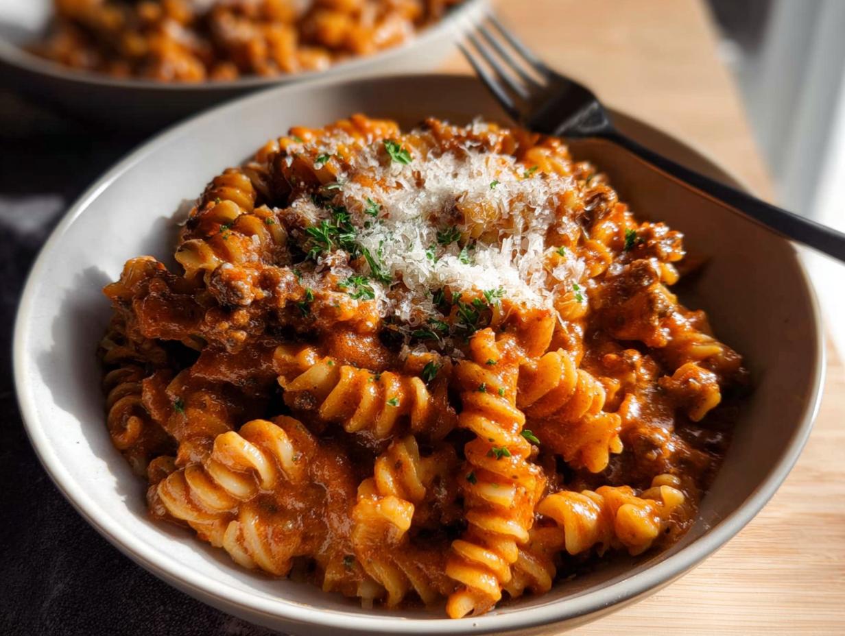 Close-up of One Pot Creamy Tomato Pasta using fusilli pasta, topped with grated parmesan and parsley.