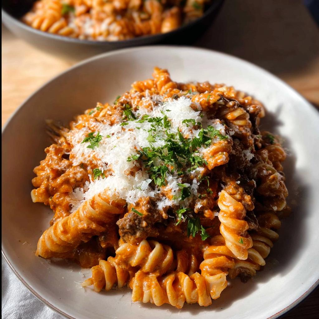 A close-up of One Pot Creamy Tomato Pasta made with fusilli, topped with grated Parmesan cheese and fresh parsley.