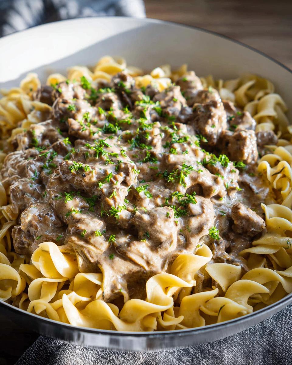 Close-up of creamy One Pot Ground Beef Stroganoff served generously over wide egg noodles and garnished with parsley.