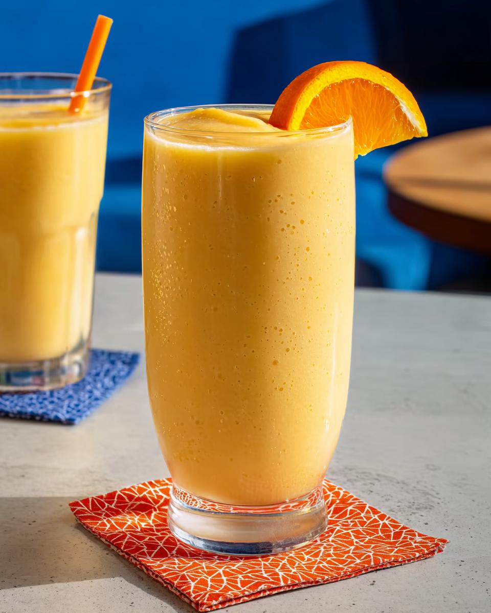 Close-up of a thick, bright orange Smoothie Recipe Lose belly fat without exercising in a tall glass, garnished with an orange slice.