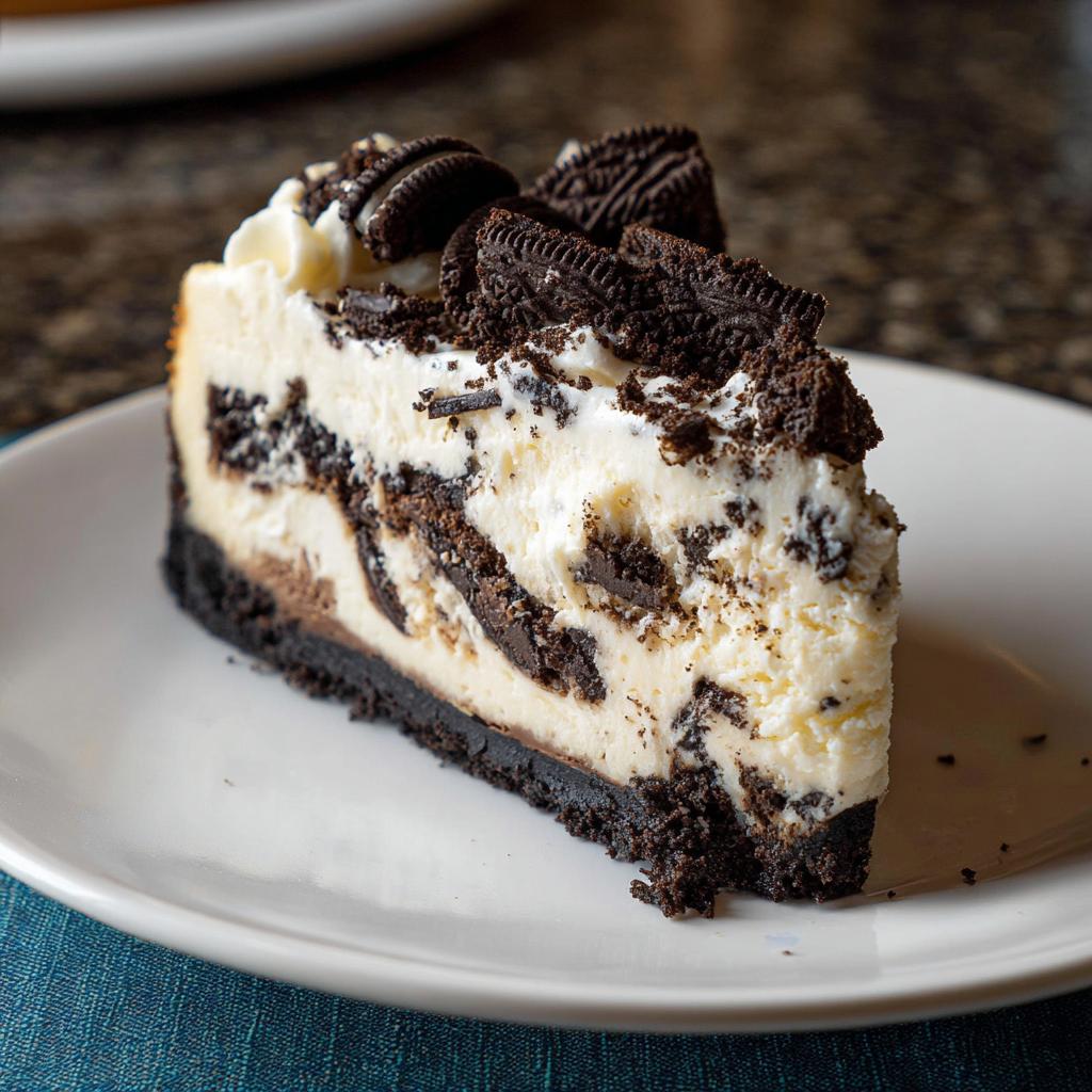 A decadent slice of Oreo Cookies and Cream Cheesecake with a dark crust and cookie chunks throughout the filling.