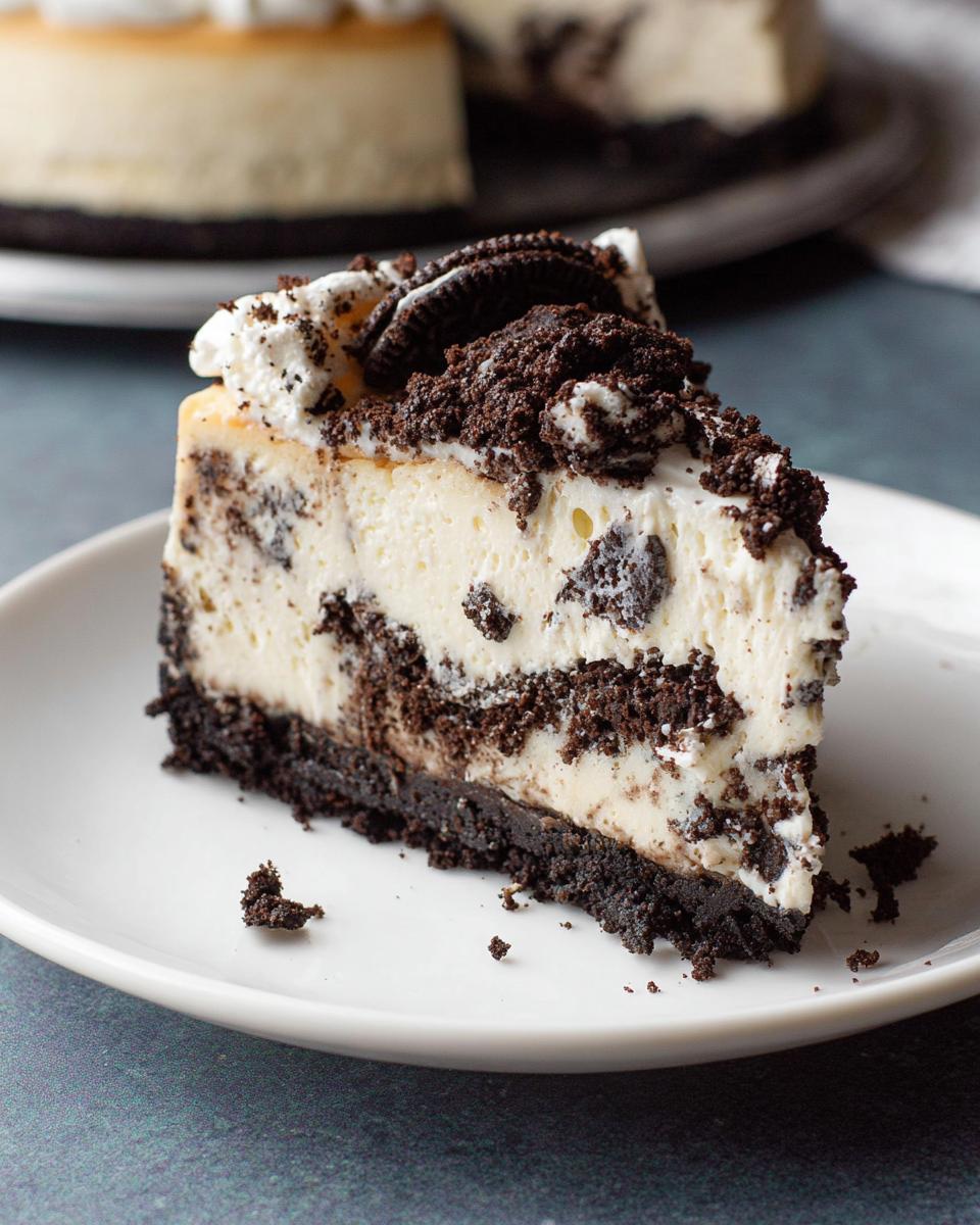 A decadent slice of Oreo Cookies and Cream Cheesecake featuring a thick crust and creamy filling loaded with chocolate cookie pieces.