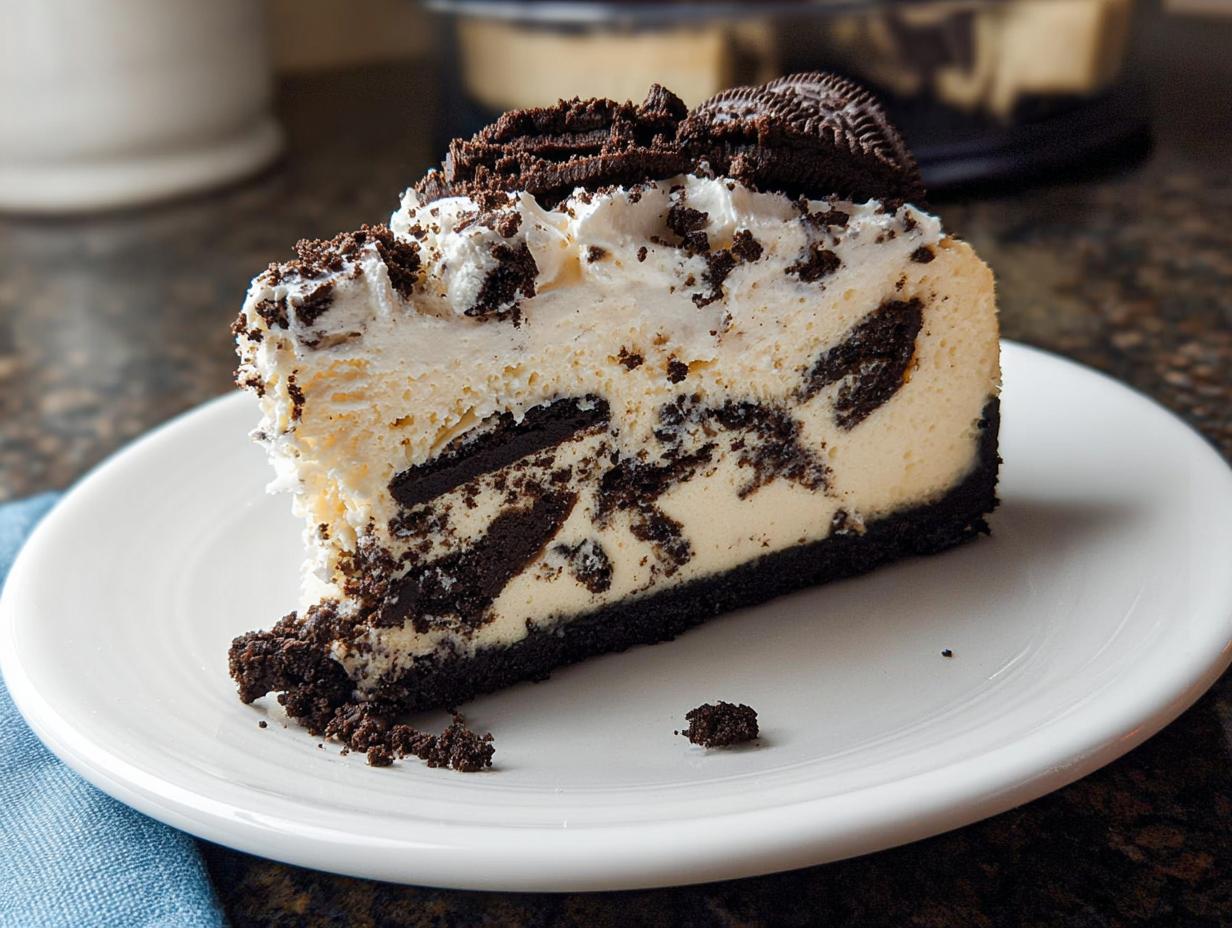 A decadent slice of Oreo Cookies and Cream Cheesecake featuring a thick crust, creamy filling with cookie chunks, and whipped topping.