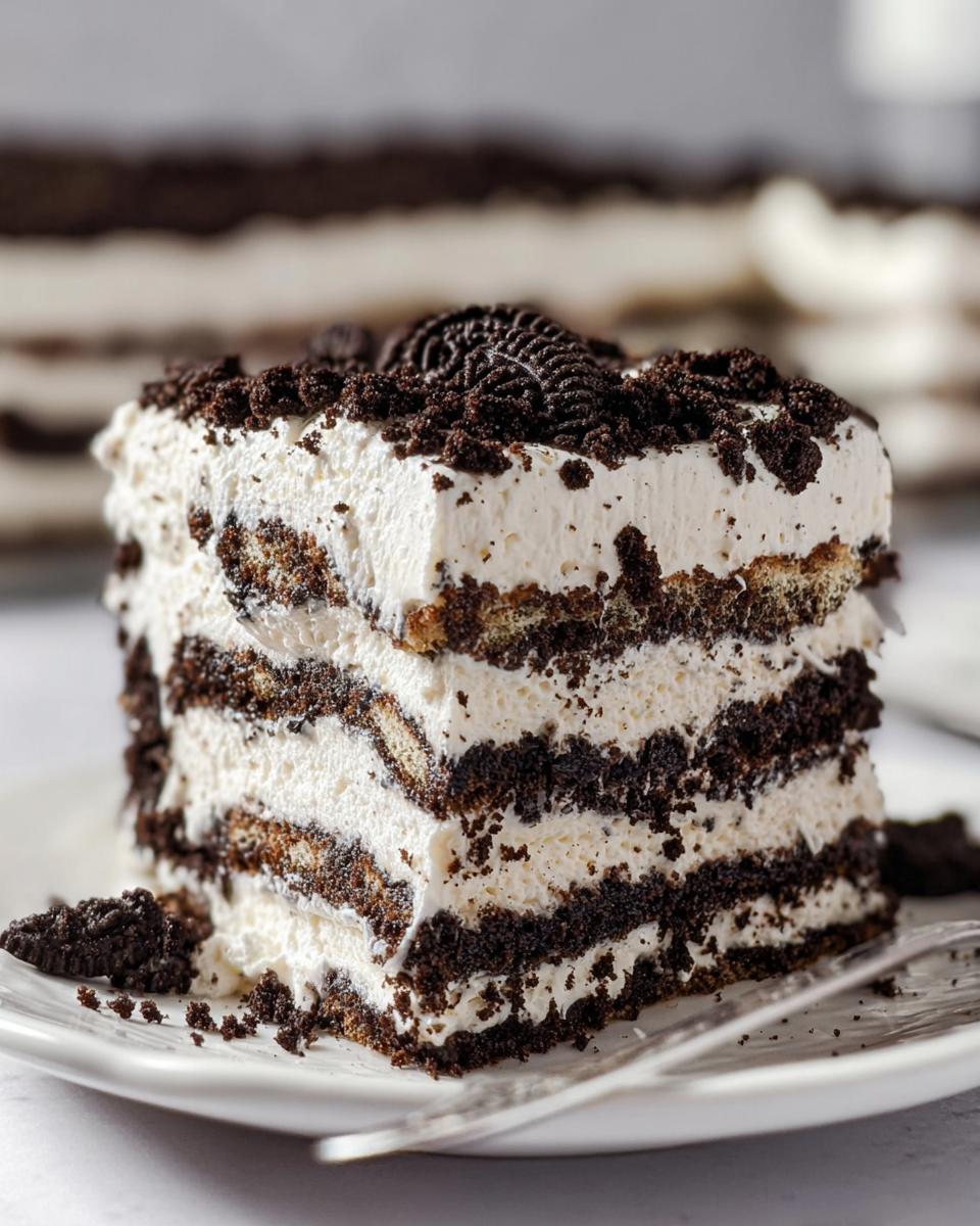 Close-up of a layered slice of Oreo Cookies and Cream Icebox Cake with whipped cream and crushed cookies.