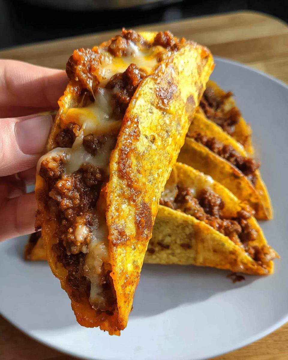A hand holding up one crispy Oven-Baked Cheesy Taco overflowing with seasoned ground beef and melted cheese.