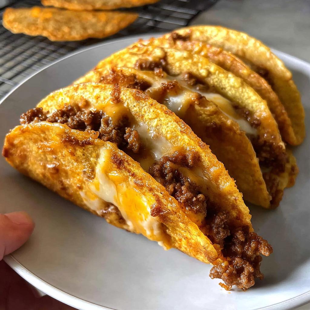 A row of crispy, golden Oven-Baked Cheesy Tacos filled with seasoned ground beef and melted cheese.