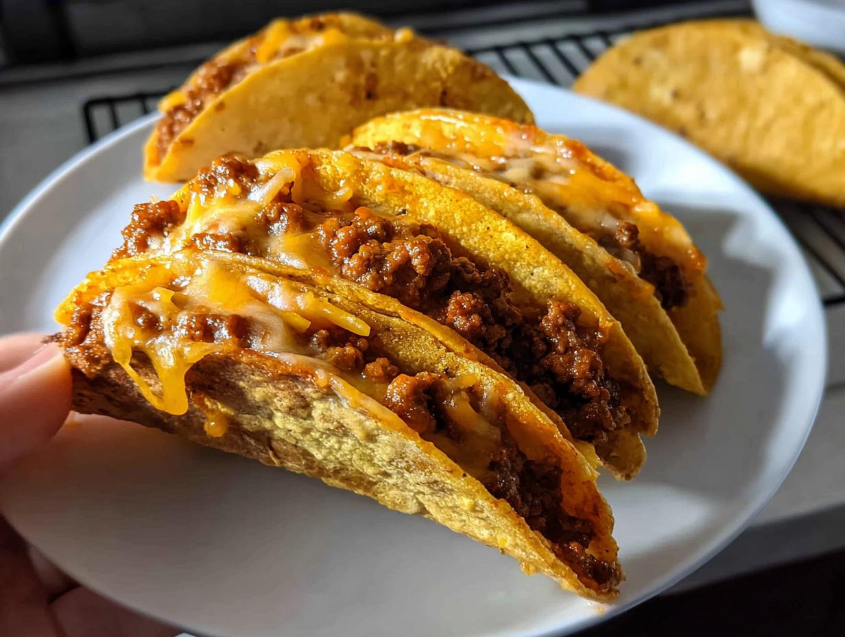 A hand holding one crispy Oven-Baked Cheesy Taco filled with seasoned ground beef and melted cheese.